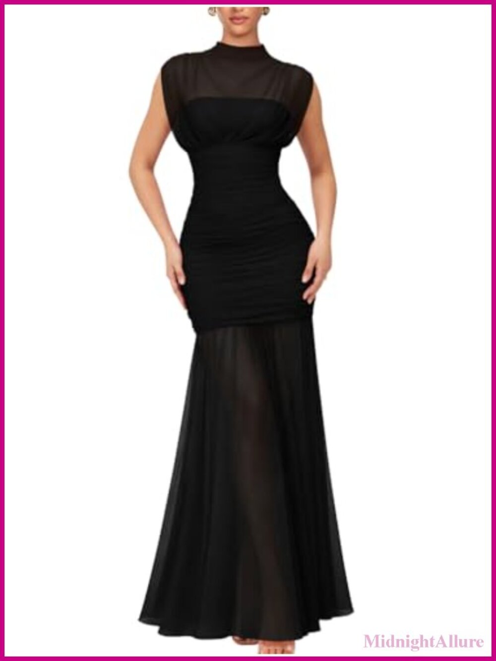 Sleeveless Mesh High Neck Ruched Cocktail Maxi Dress